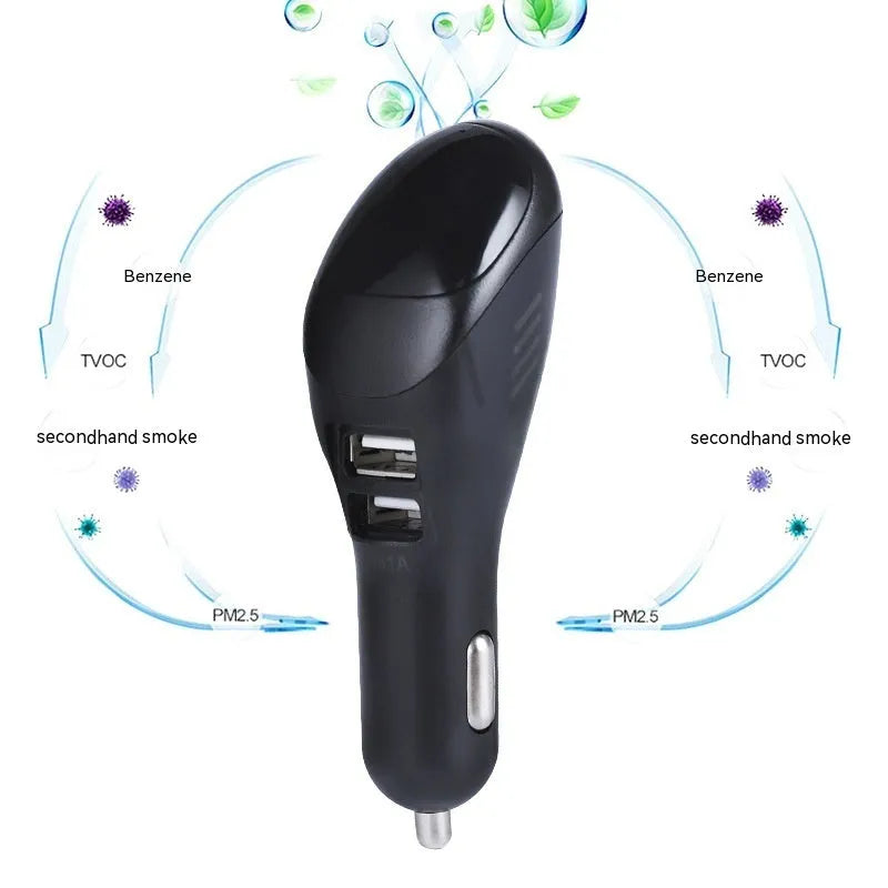 White car USB charger with integrated negative ion air purifier measuring 103mm