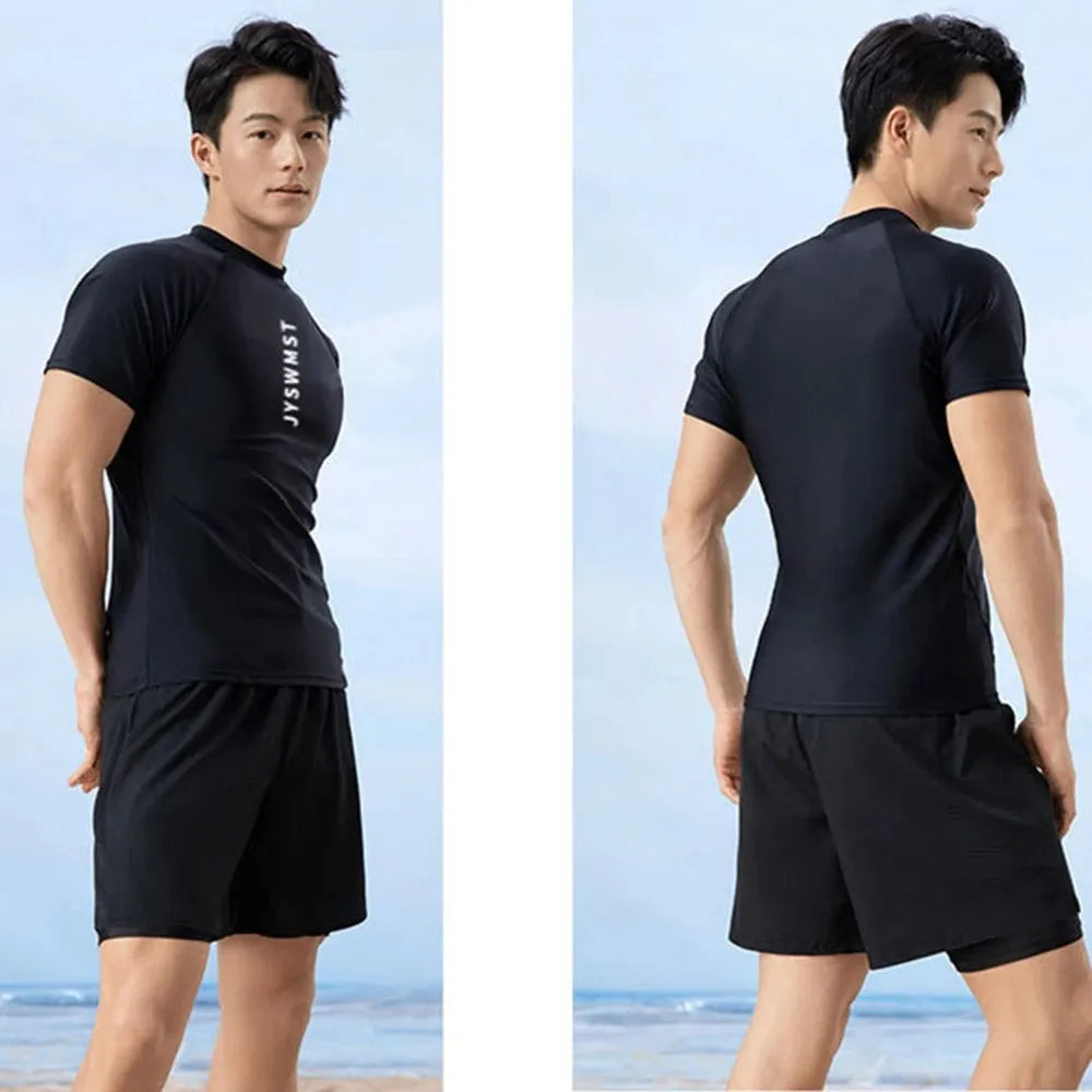 Men's patterned swimsuit set with matching top and swimming trunks in plus sizes