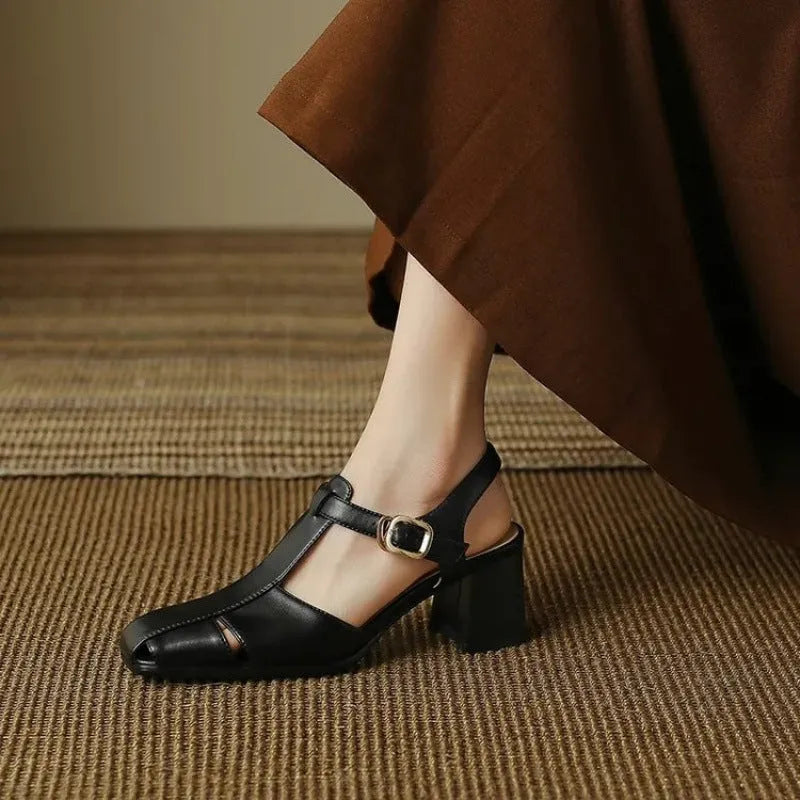 Hollow Retro Closed Toe Chunky Heel Sandals for Women in Dark Brown and Black, Sizes 35-40, Princess Style, Rubber and Leather Construction, Ideal for Everyday and Event Wear