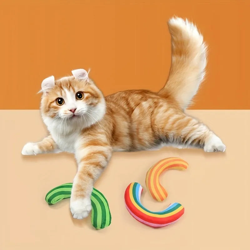 Striped pattern cat pillow toy measuring 23 by 20 cm with built-in catnip and noise features