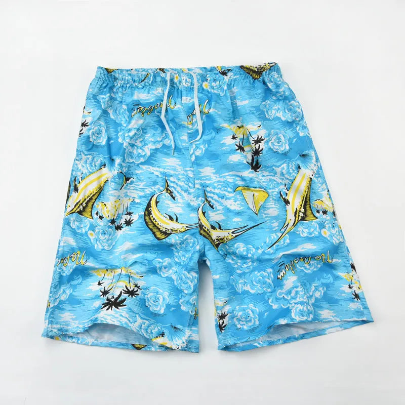 Men's casual floral print five-point swimming trunks made from polyester fabric.