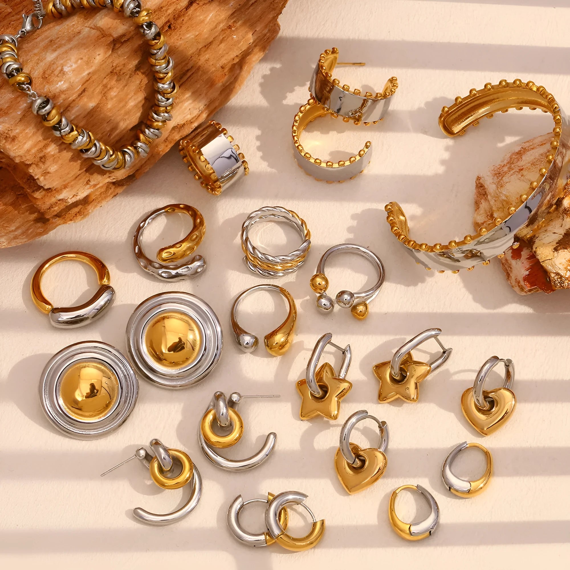 Gold electroplated jewellery set with geometric circle earrings, matching necklace and bracelet