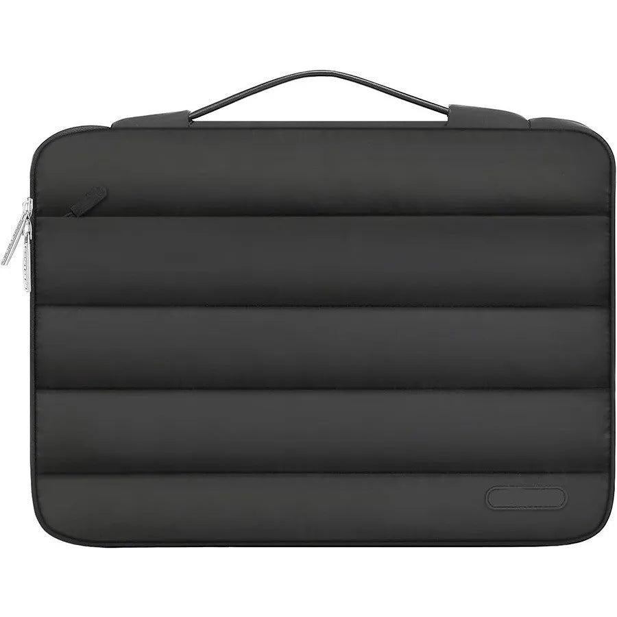 Velvet waterproof laptop bag in black showing plaid design and cotton down shrink storage compartment