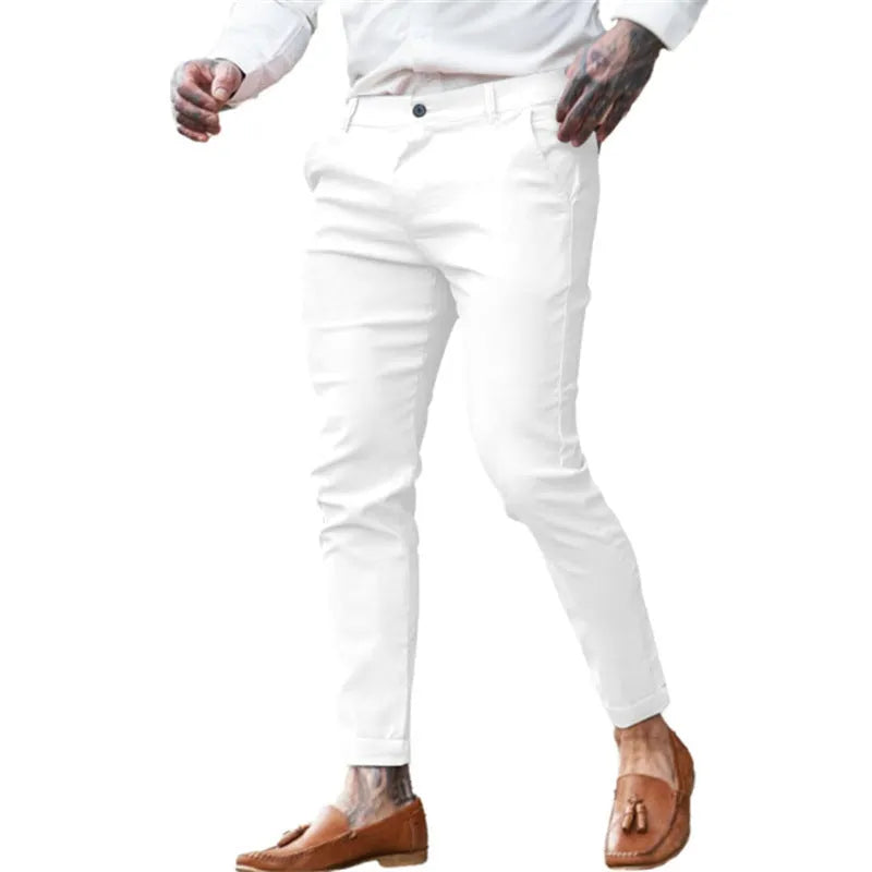 Men's slim fit stretch cotton twill pencil trousers in a choice of solid colours.