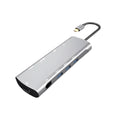 Grey USB-C docking station with aluminium alloy shell and multiple connectivity ports
