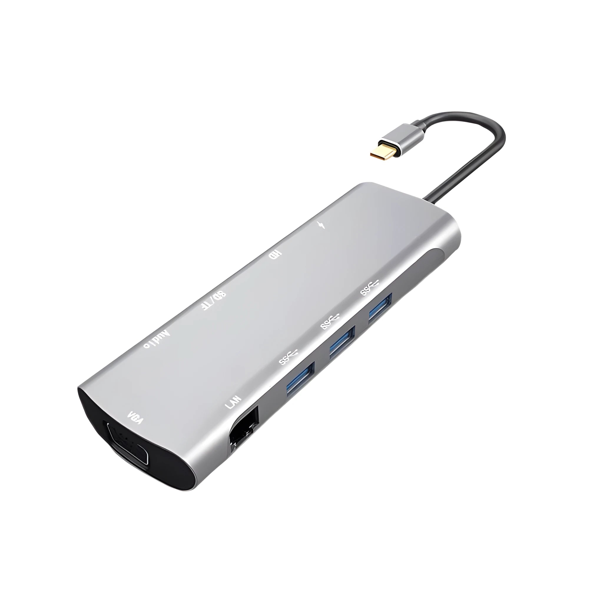 Grey USB-C docking station with aluminium alloy shell and multiple connectivity ports