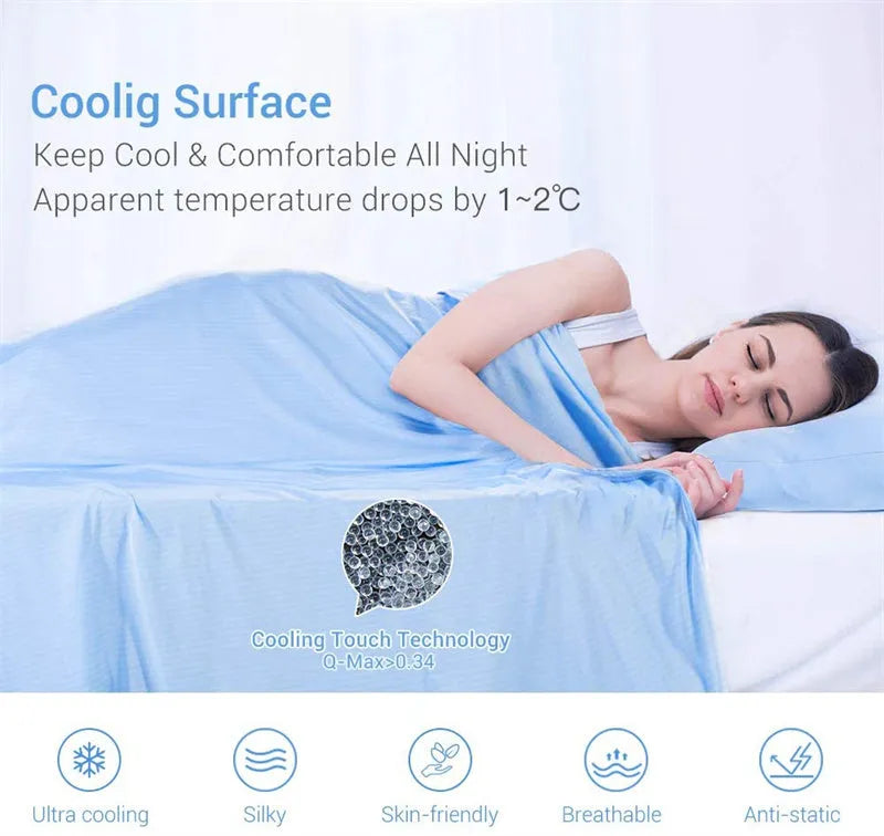 Blue and grey cooling blanket with Japanese Q-Max fibres on a bed.