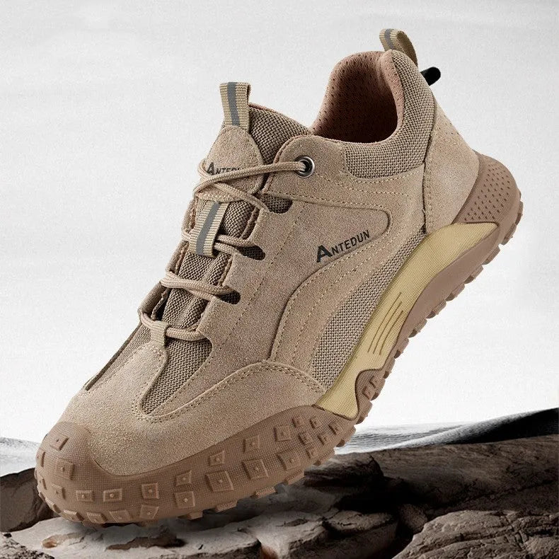 Men's khaki suede canvas safety shoes with plastic steel toe cap and rubber sole