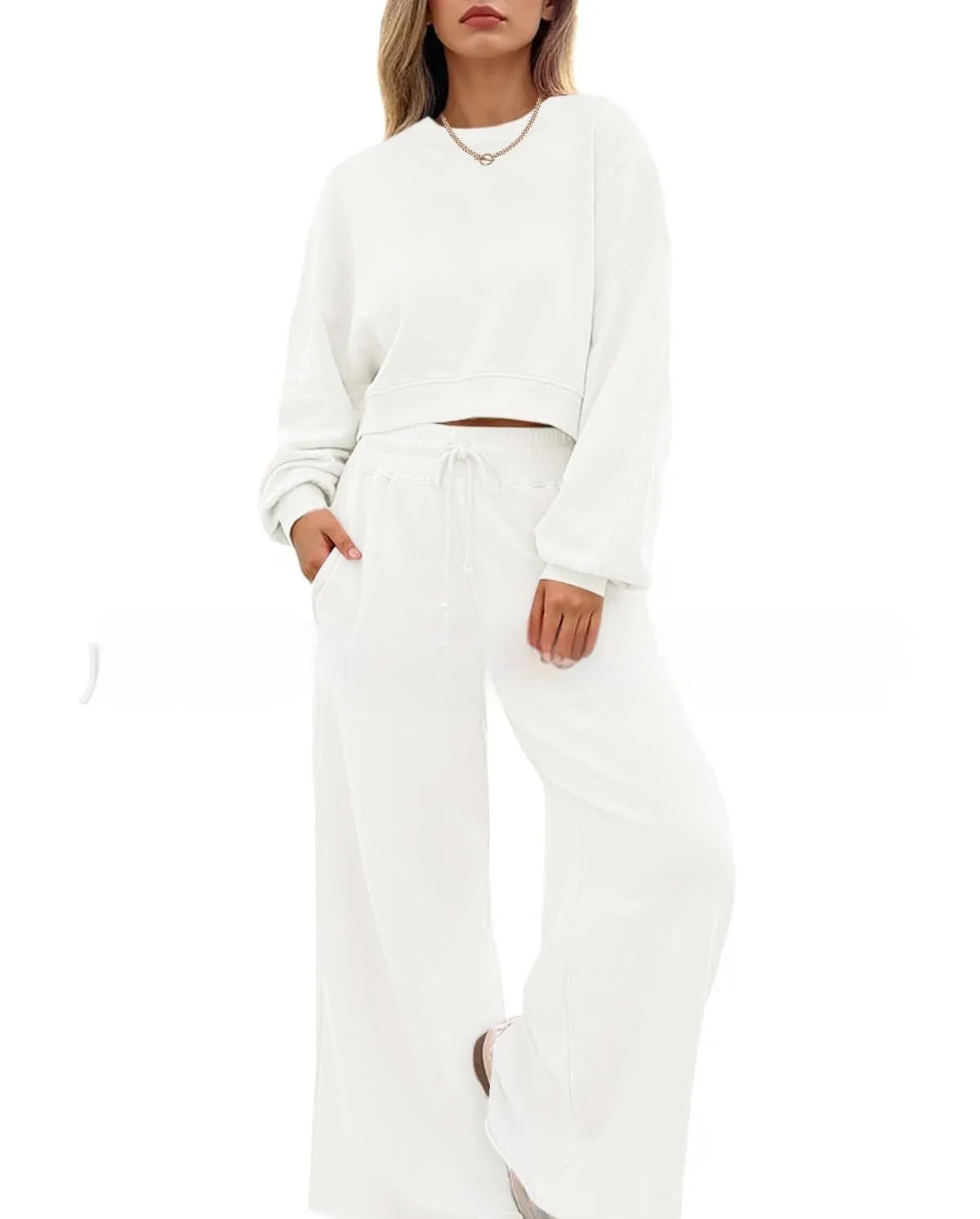 Women's casual two-piece set with long sleeves top and trousers in solid colour street hipster style