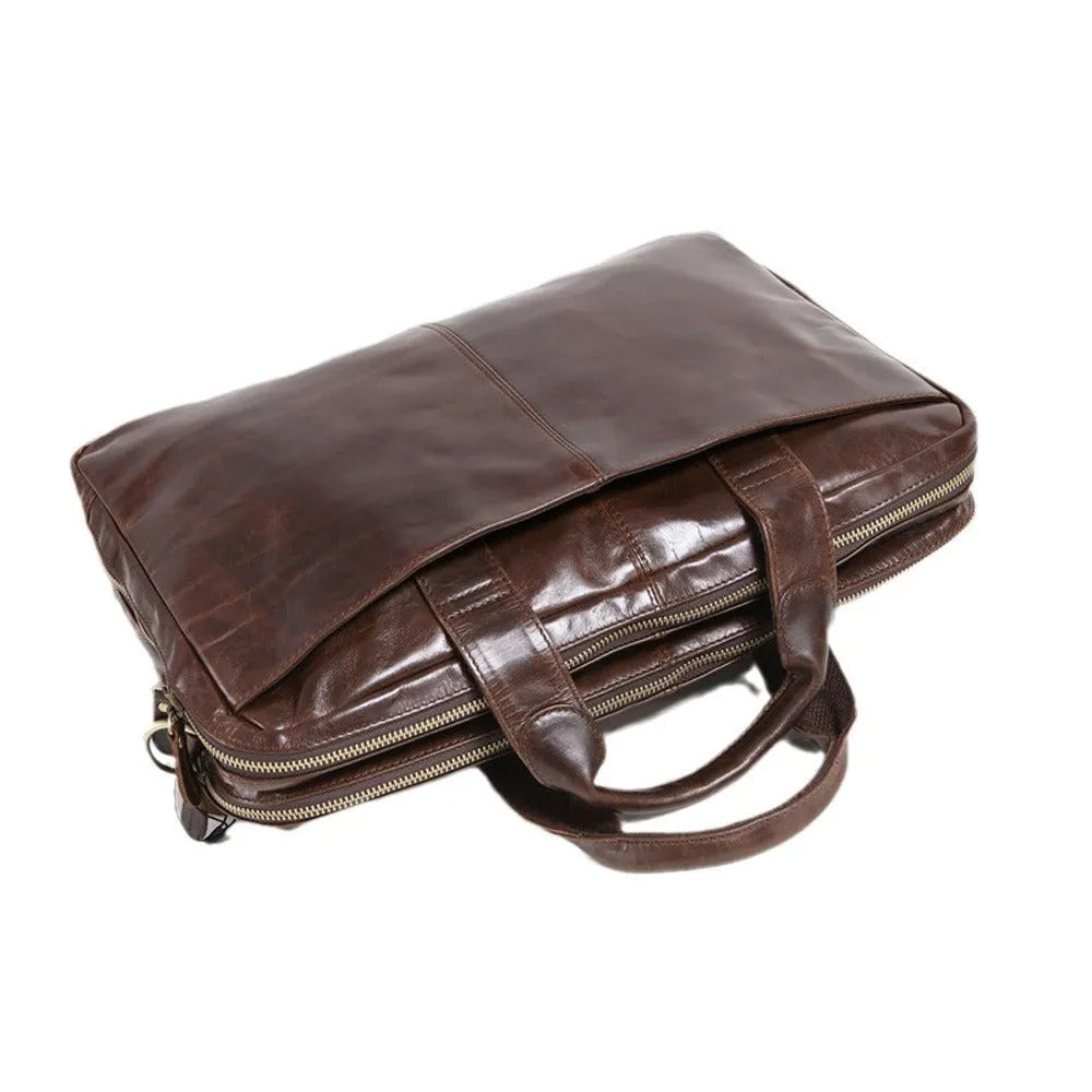 Brown 18-inch men's business briefcase made from first layer cowhide leather with polyester cotton lining