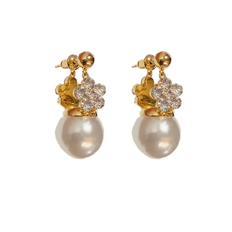Double-sided flower pearl earrings real gold plated copper Korean style women