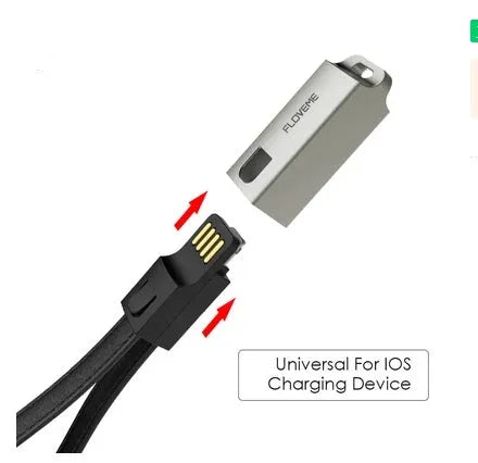 Short red leather and metal iPhone lightning charging cable showing 20cm length.