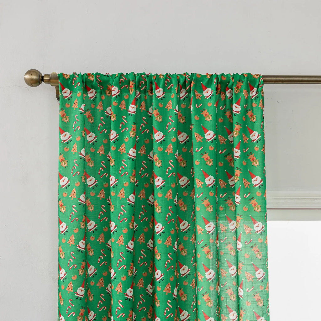 Green and red Christmas curtain with snowman and angel cartoon print, American style 1 metre window decoration