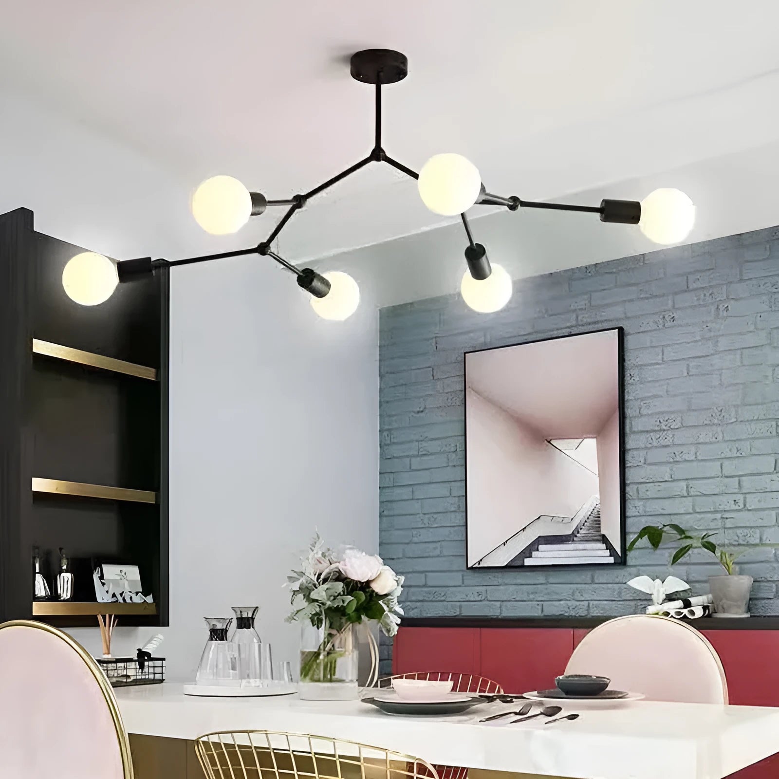 Iron chandelier ceiling lamp with Nordic design in black or white finish