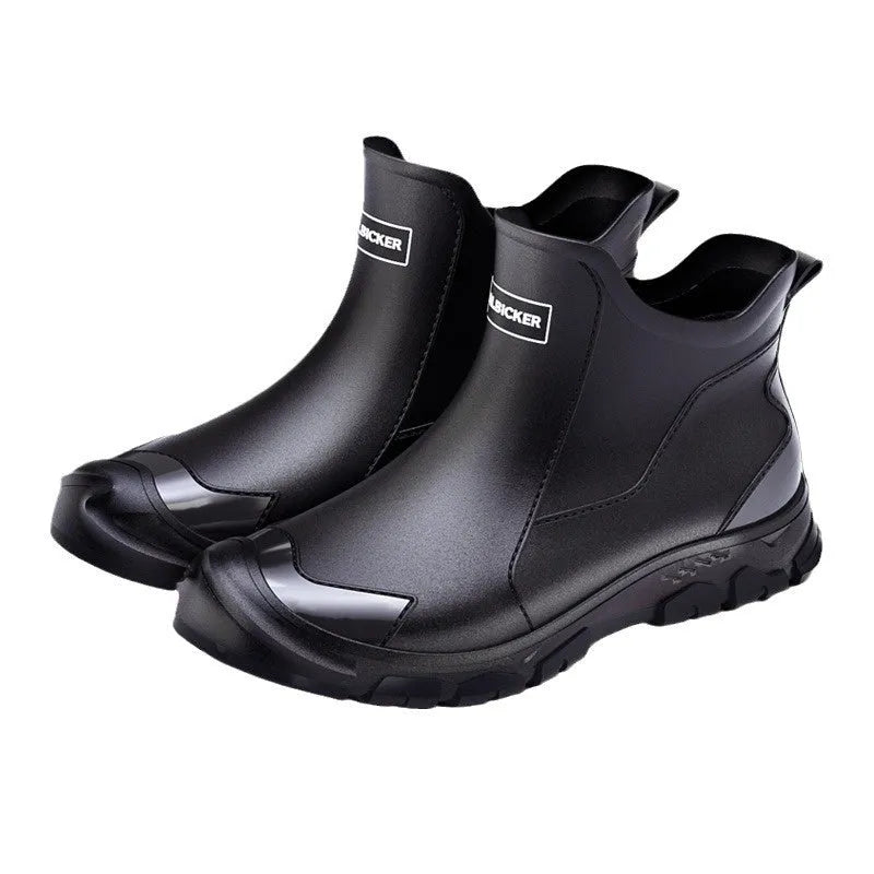 Korean-style short tube PVC rain boot in beige colour with round toe and flat heel.