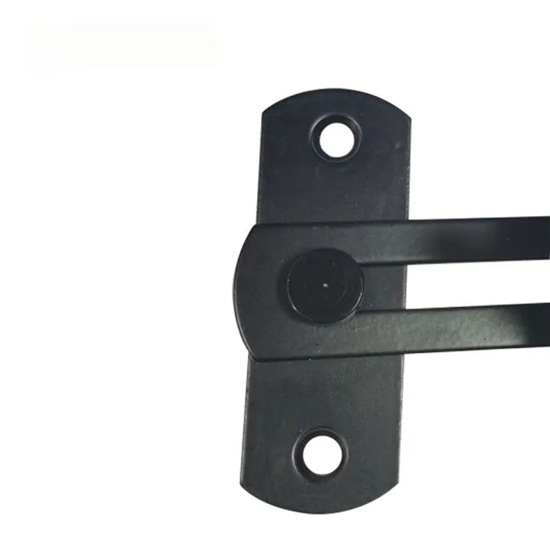 Black carbon steel and stainless steel 90-degree warehouse hook lock with flat shackle for sliding doors.