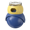 Morandi yellow and blue plastic owl-shaped cat puzzle feeder toy for slow feeding.