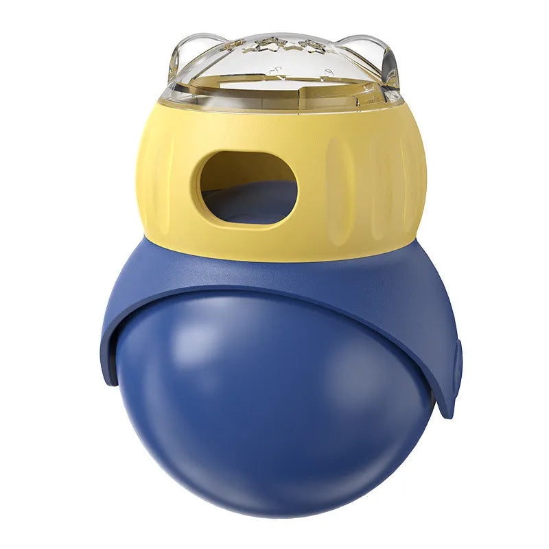 Morandi yellow and blue plastic owl-shaped cat puzzle feeder toy for slow feeding.