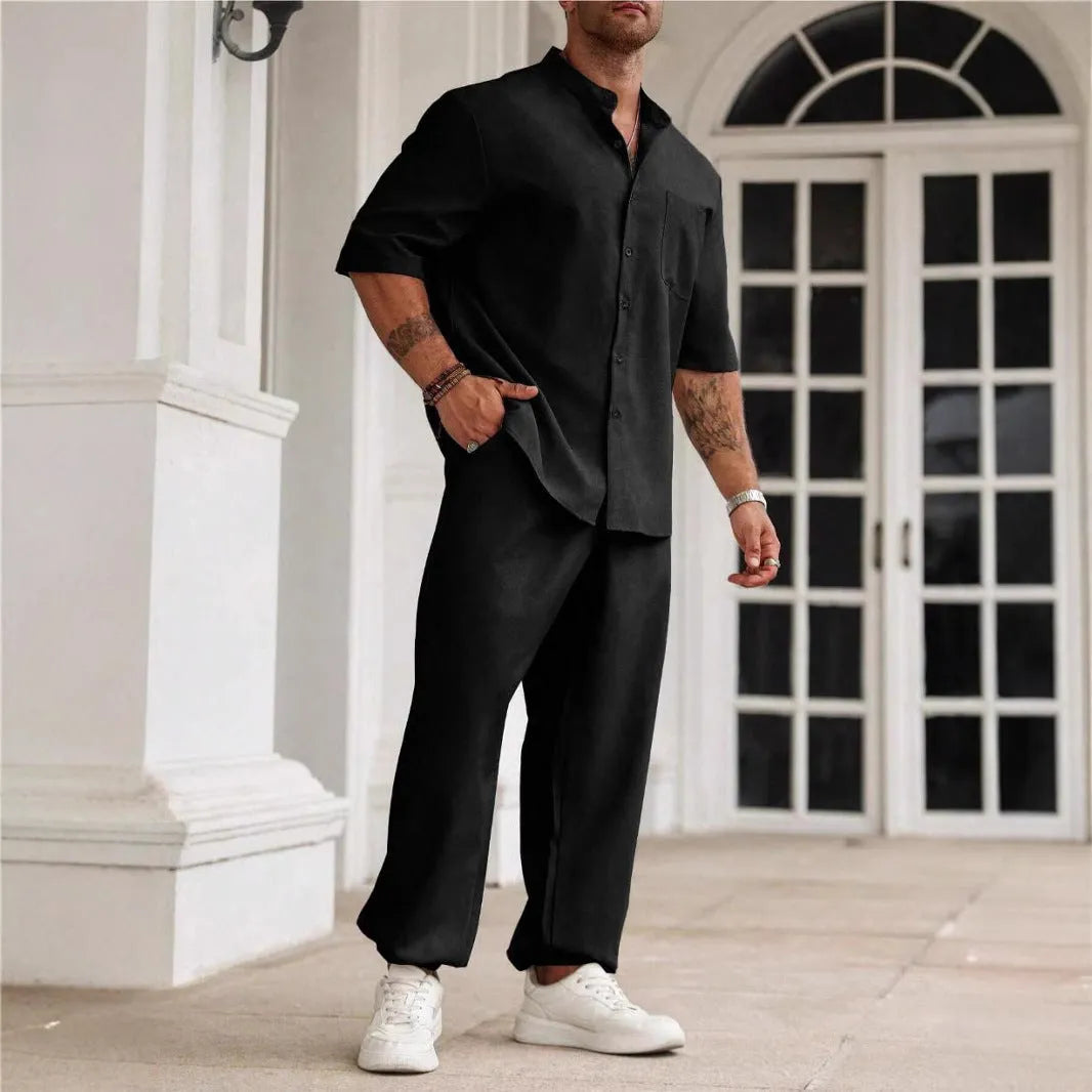 Men's cotton linen casual set with short-sleeve shirt and matching trousers in apricot colour