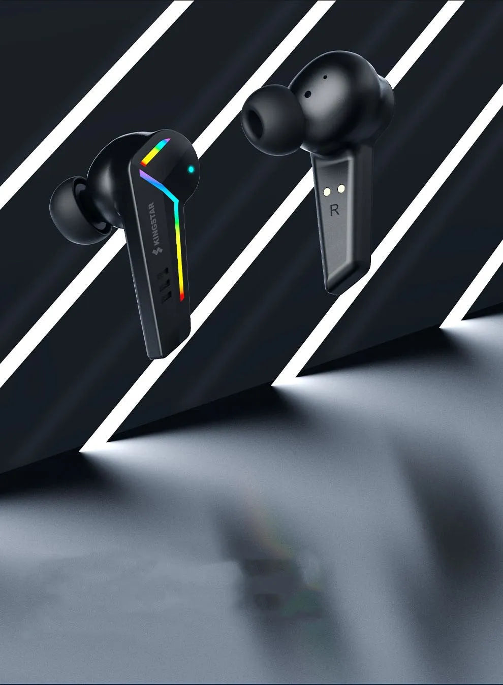 Small black true wireless stereo Bluetooth sports gaming headset with earplug design.