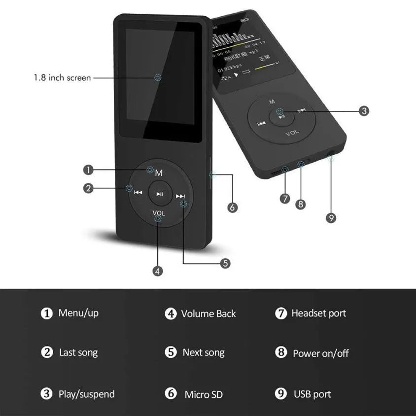 Portable black MP3 player with 1.8-inch TFT display, showing on-screen menu