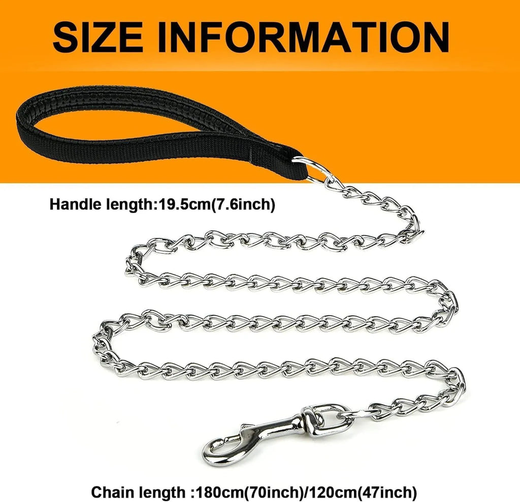 Heavy duty metal dog leash chain with a soft black padded handle