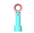 Compact portable bladeless desk fan with USB cable and base, shown in blue.