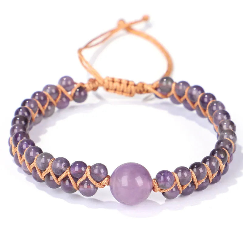 Handmade woven geometric pull bracelet with Tigereye stone beads in blue or amethyst colours