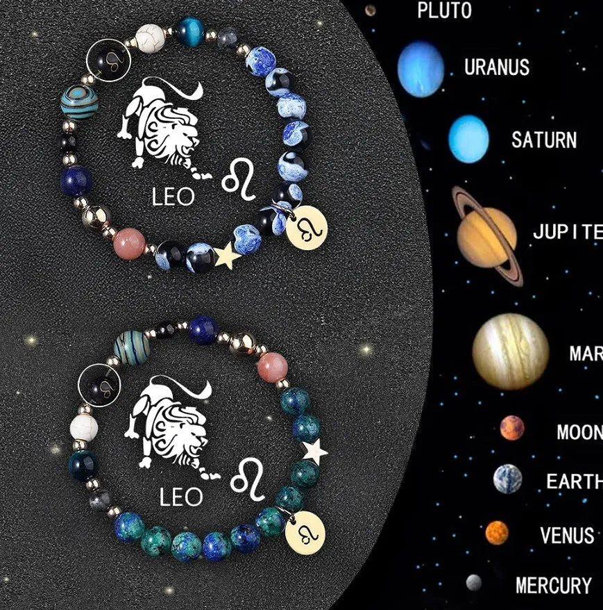 Two natural stone beaded bracelets displaying zodiac symbols on a textured background.