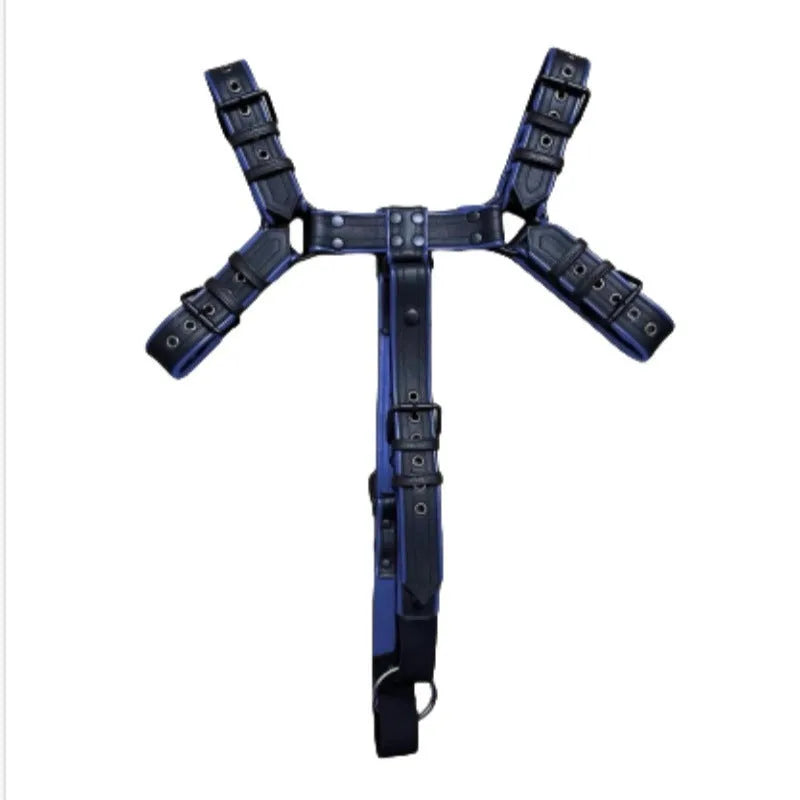Blue and black adjustable leather shoulder strap with metal rivet buckle for party binding