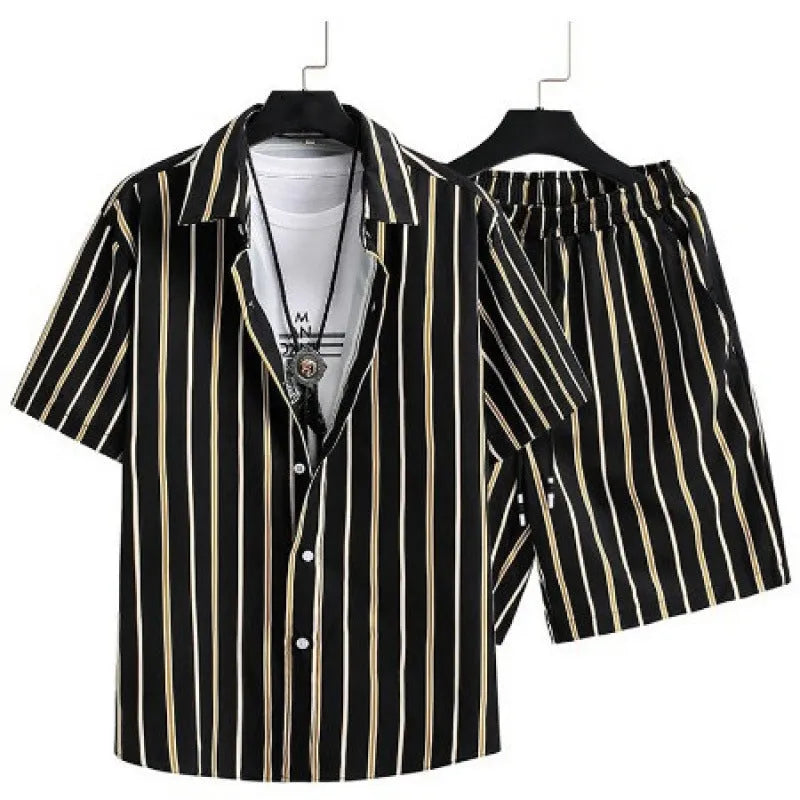 Men's digital print cardigan suit with short sleeve shirt and elastic shorts in polyester fabric