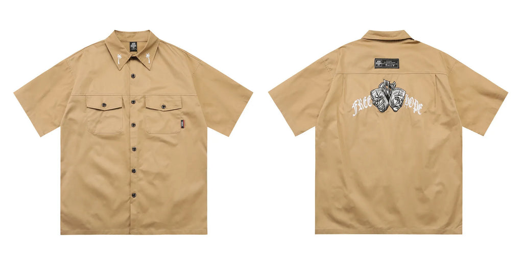 Men's black cotton blend shirt with embroidery detail on front, loose fit with short sleeves