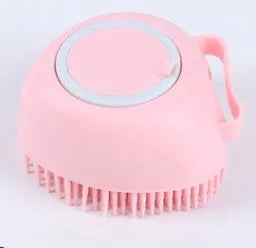 Blue silicone dog bath brush with handle for pet washing and massage during grooming