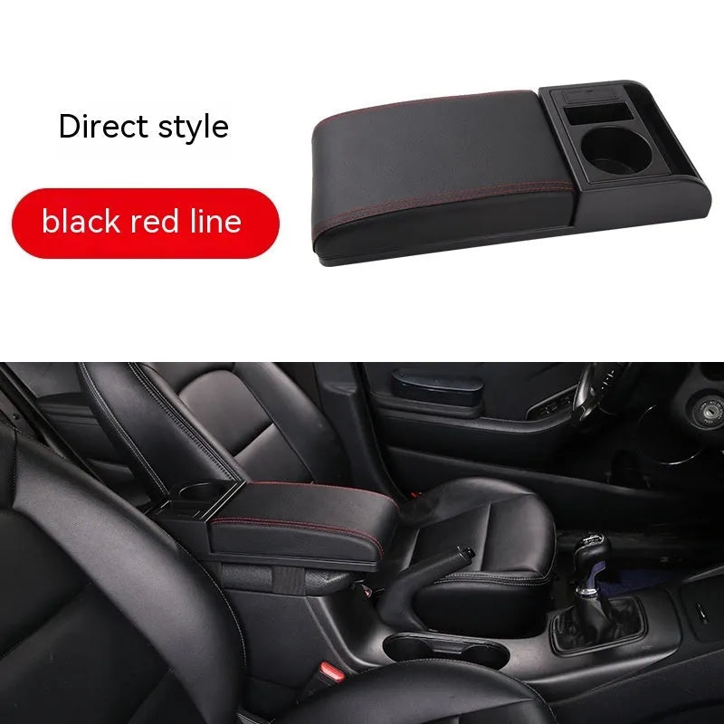 Universal automobile armrest cover with height adjustment in black PU leather finish