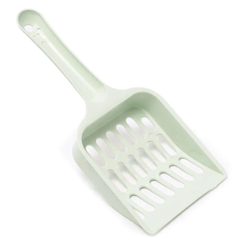 Blue plastic cat litter scoop showing 20cm length and built-in sand shovel.