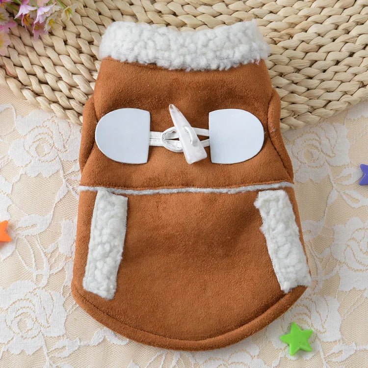 Brown lamb velvet teddy dog costume on small breed dog, front view showing pullover style and soft pile texture