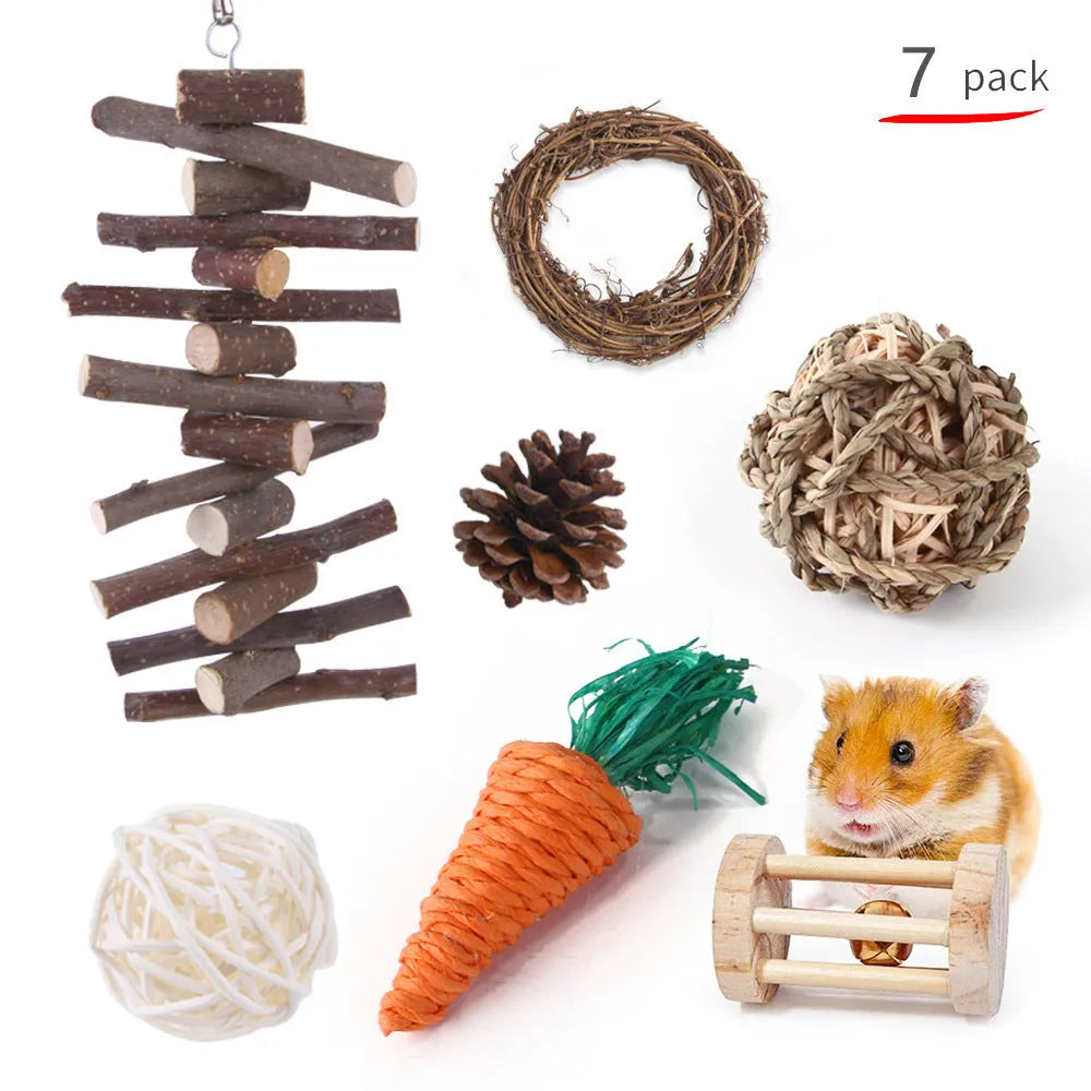 Wooden pet chewing toys bundle for rabbits guinea pigs and parrots with natural wood materials