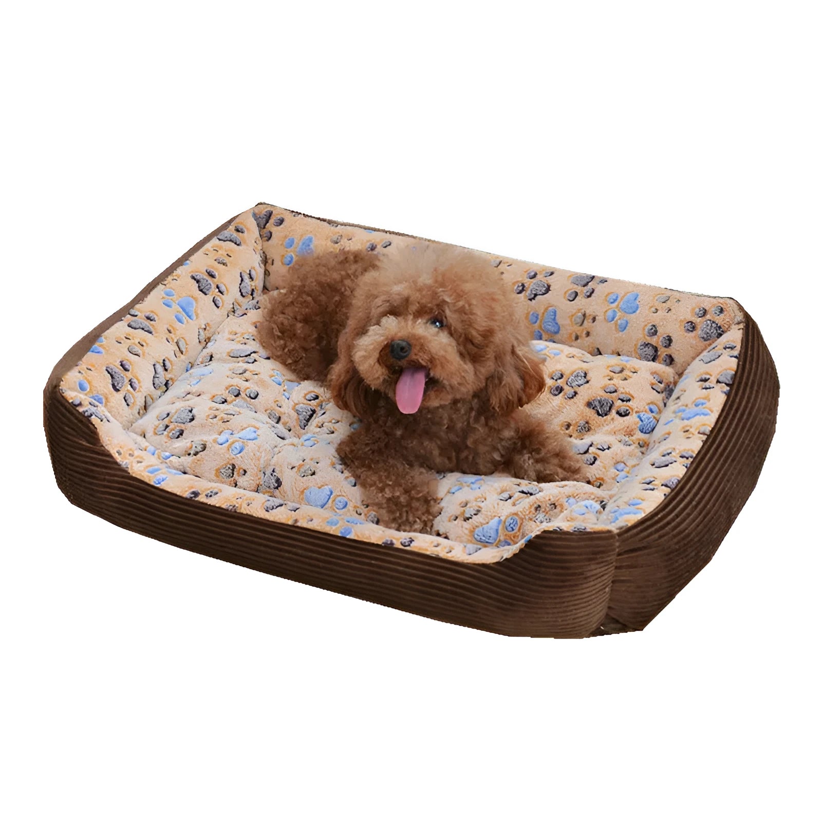 Camel coloured plush dog bed with sofa-style bolsters for small dogs, shown in Large 70x55cm size