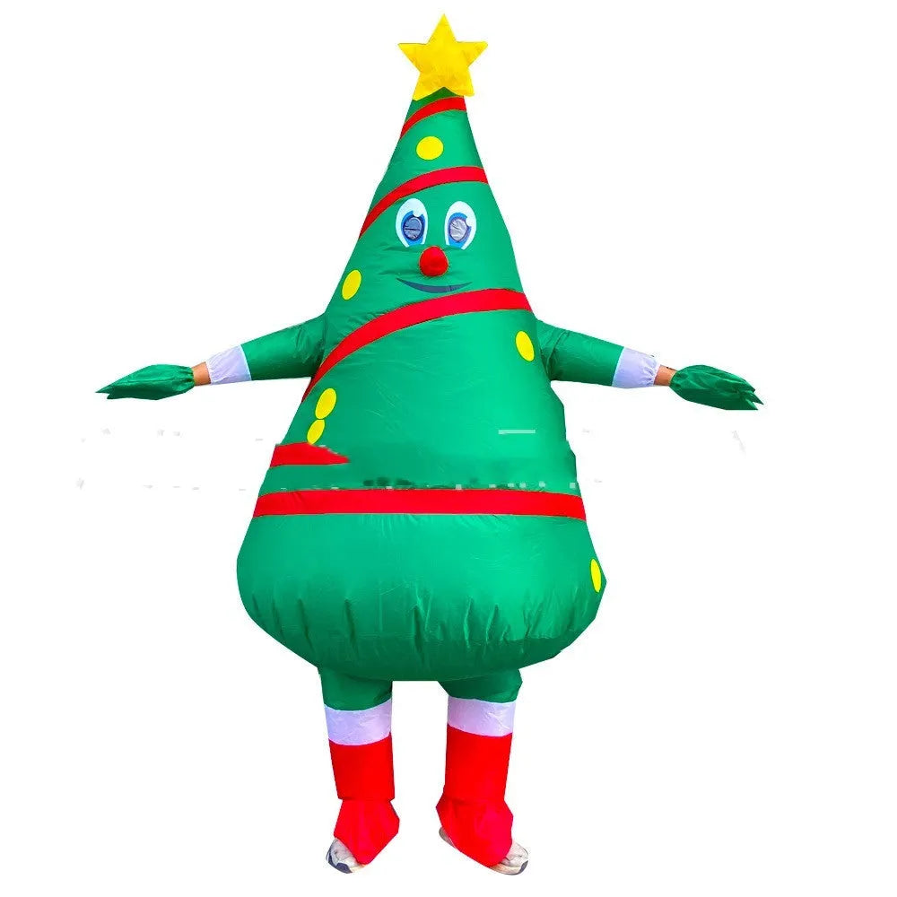 Christmas inflatable costume suit for adults showing cloth construction with fan and battery box