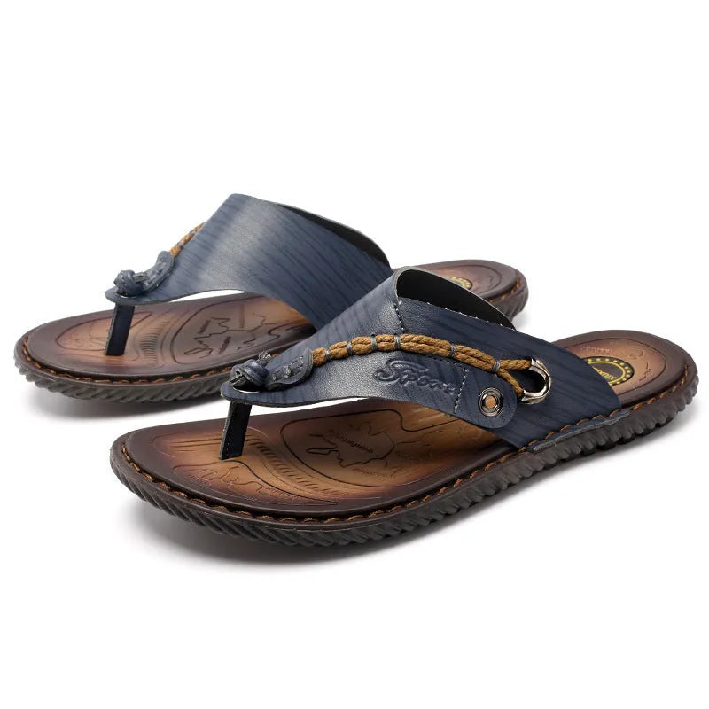 Men's herringbone pattern outdoor slippers in dark blue with leather lining and rubber sole