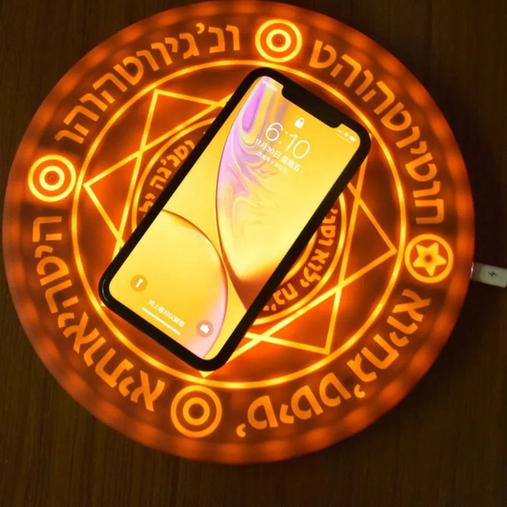 Square wireless phone charger with glowing magic array pattern measuring 25cm with thin 1.5cm profile