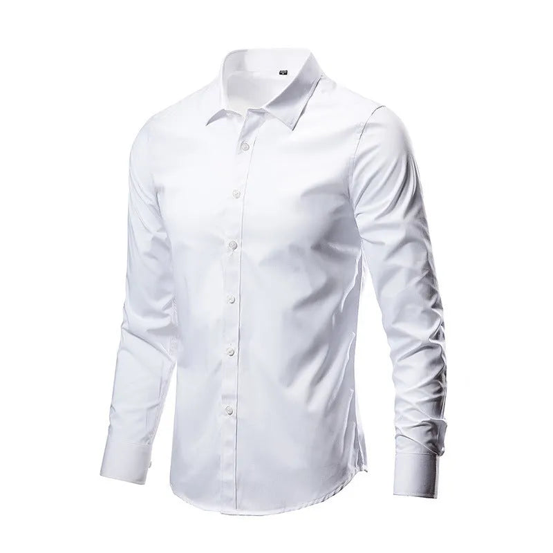 Man wearing a loose-fit linen long sleeve shirt in a neutral colour, showing the slim profile and button front.