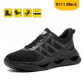 Black lightweight safety work shoes with a steel toe cap, flat knitted upper, and rubber sole shown from the side.