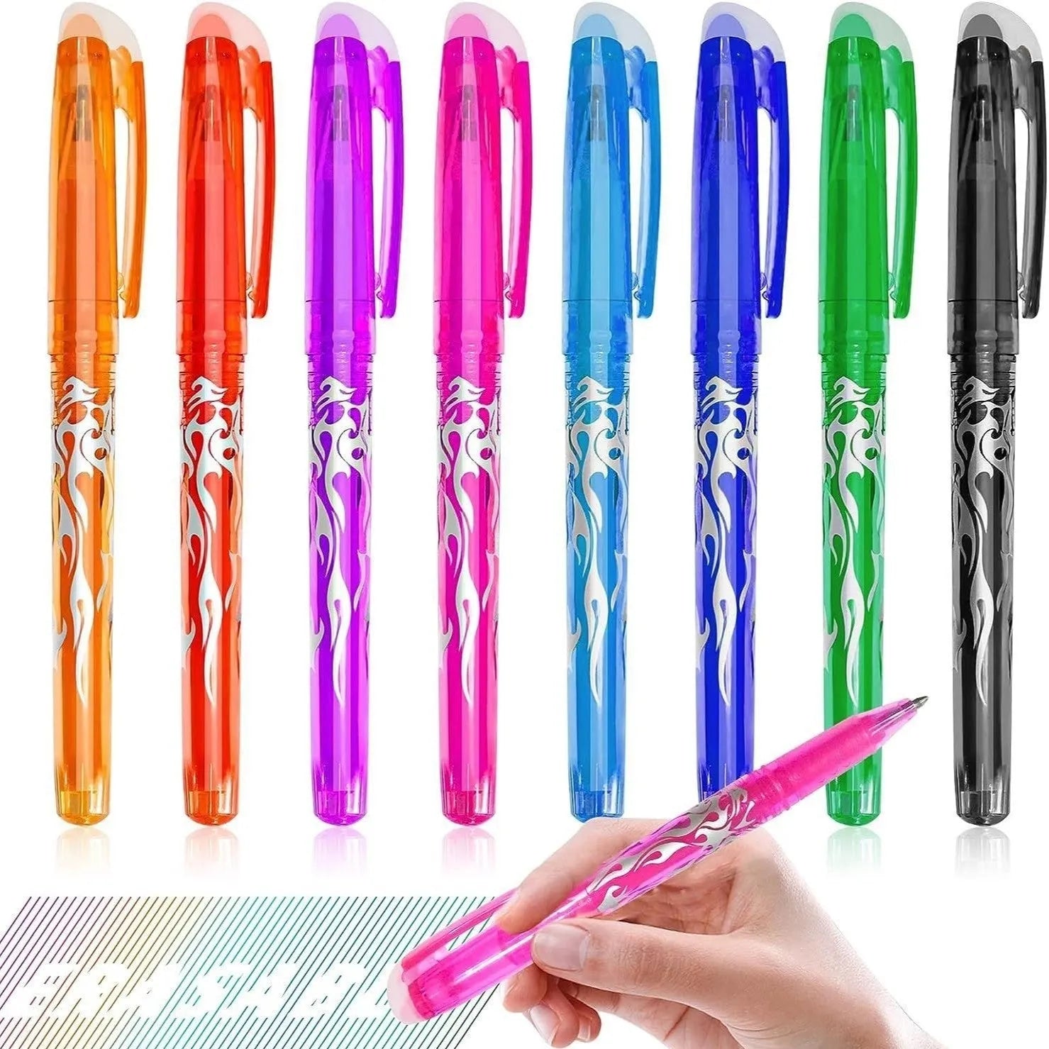 Heat-erasable gel pen with stainless steel nib in multiple colours showing 0.5mm and 0.7mm options