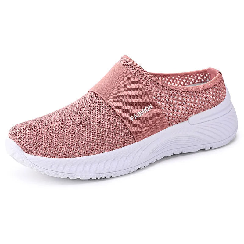 Women's breathable mesh casual shoes in multiple colours, flat heel, round toe, slip-on design