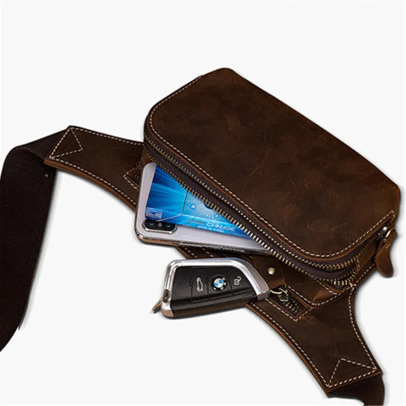 Brown cowhide leather men's sports waist bag with mobile phone compartment showing pull closure