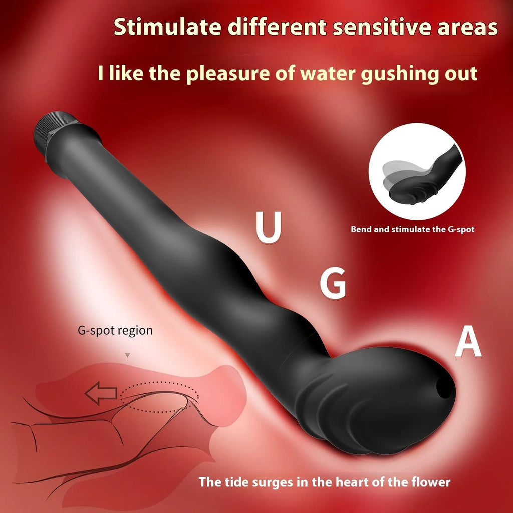 Black silicone hosepipe flusher cleaning kit with enema attachment on a plain background