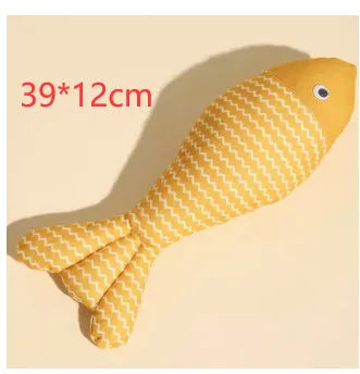 Catnip-filled fabric fish cat toy in blue, red, and yellow colour options
