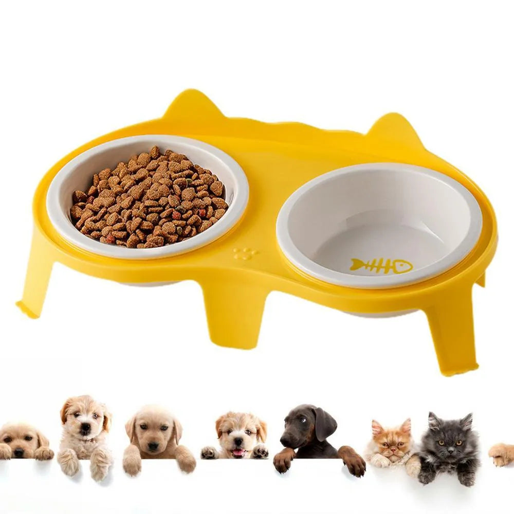Blue elevated ceramic pet bowl set with two bowls and a stand with hook