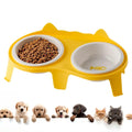 Blue elevated ceramic pet bowl set with two bowls and a stand with hook